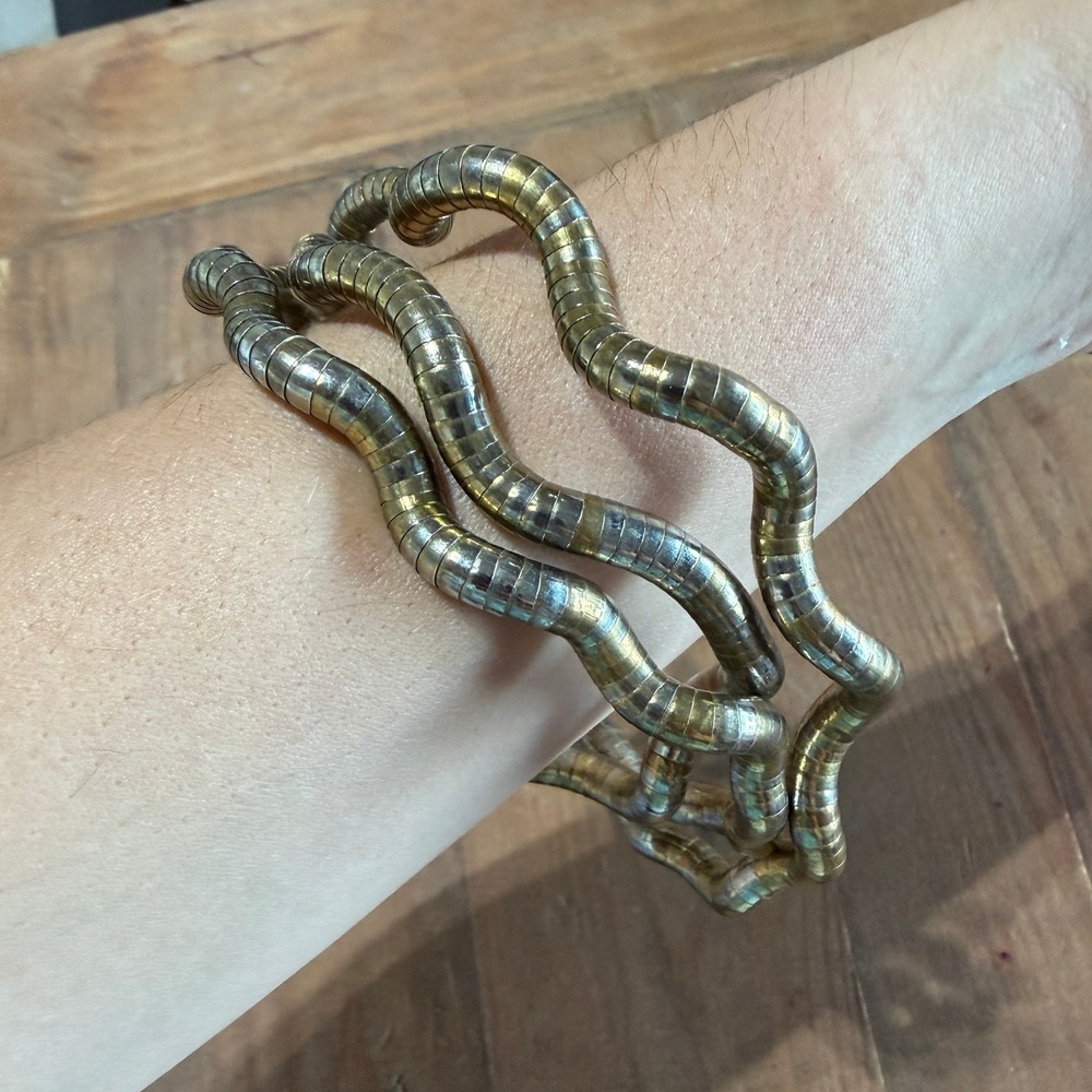 Vtg 80s Two Tone Flexible Snake Chain Wrap Necklace Wavy Silver Gold Bracelet